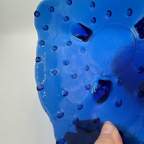 Unusual Vintage Collectible Cobalt Blue Blown Glass Hobnail Footed Serving Bowl - Picture 5 of 10